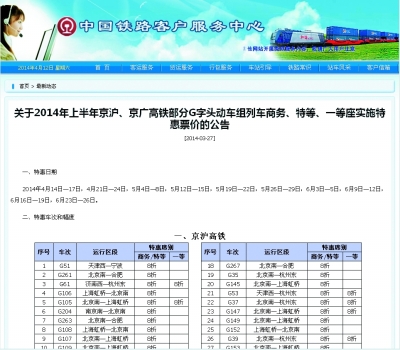 高鐵票價明起再次進入打折季 涵蓋商務(wù)一等座