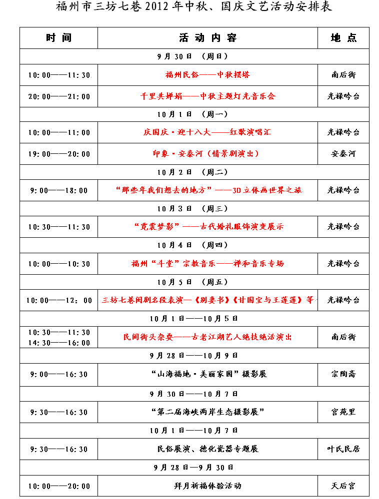 福州市三坊七巷2012年中秋、國(guó)慶文藝活動(dòng)安排表
